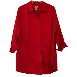Chico's Vibrant Razzie Red Sateen Button-Down Long Shirt US Size 16